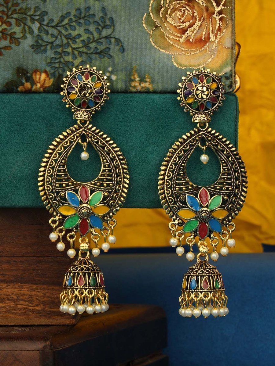 Anikas Creation Gold-Toned & Multicoloured Contemporary Jhumkas Earrings | Grocsy