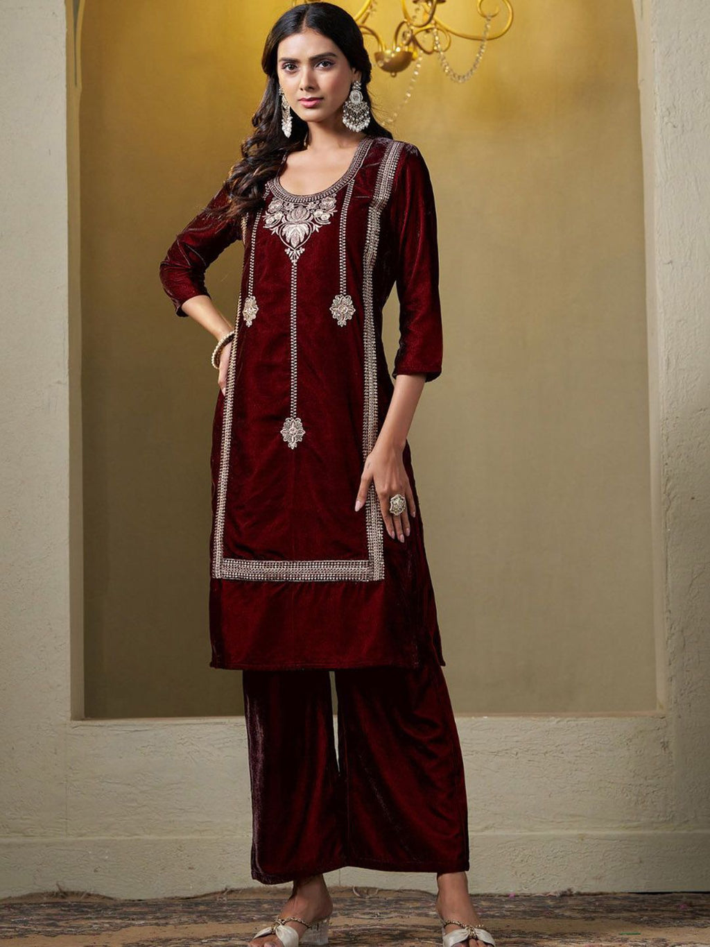 Sangria Floral Embroidered Round Neck Straight Velvet Kurta With Trousers & Dupatta | Grocsy