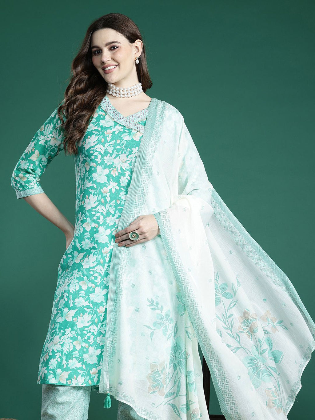 Sangria Floral Printed Angrakha Thread Work Pure Cotton Kurta with Trousers & With Dupatta | Grocsy