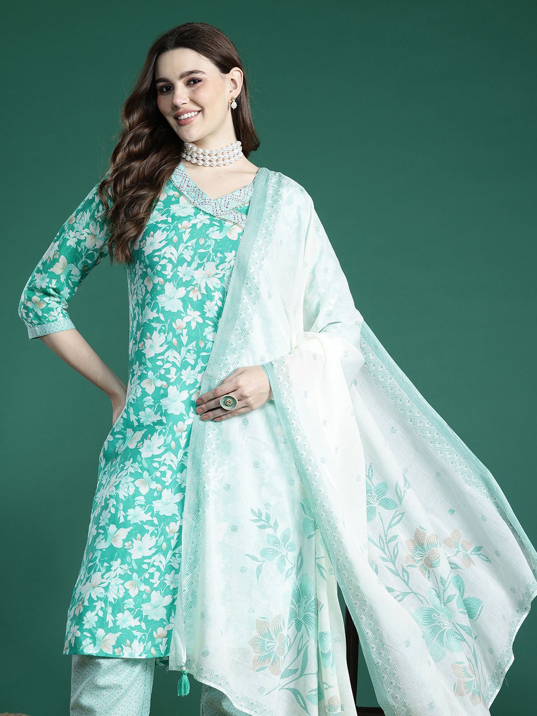 Sangria Floral Printed Angrakha Thread Work Pure Cotton Kurta with Trousers & With Dupatta | Grocsy