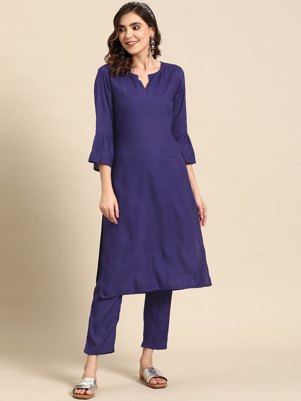 Sangria Bell Sleeves Solid Straight Kurta With Trousers | Grocsy