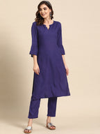 Sangria Bell Sleeves Solid Straight Kurta With Trousers | Grocsy