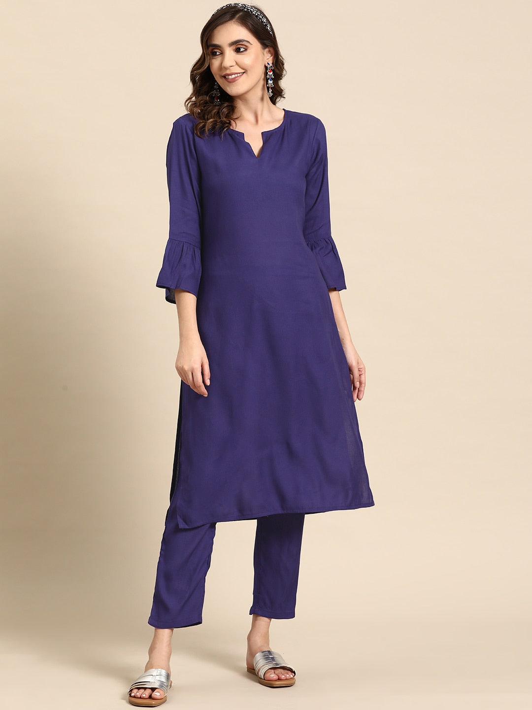 Sangria Bell Sleeves Solid Straight Kurta With Trousers | Grocsy