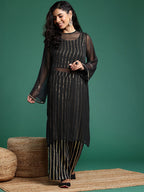 Sangria Lace Detailed Regular Pure Cotton Gotta Patti Top with Palazzos & Semi Sheer Kurta | Grocsy
