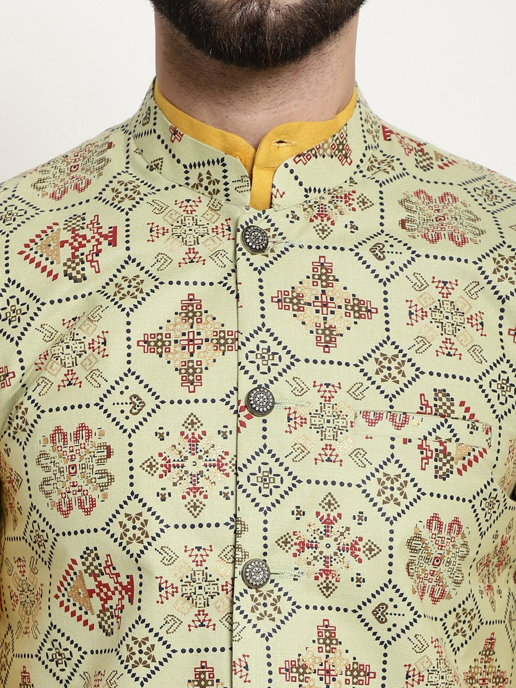 Sojanya Men Mustard Yellow Pure Cotton Kurta with Churidar & Nehru Jacket | Grocsy
