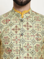 Sojanya Men Mustard Yellow Pure Cotton Kurta with Churidar & Nehru Jacket | Grocsy
