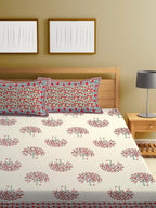 Rajasthan Decor Cream-Coloured Ethnic Motifs 144 TC Cotton King Bedsheet & 2 Pillow Covers | Grocsy