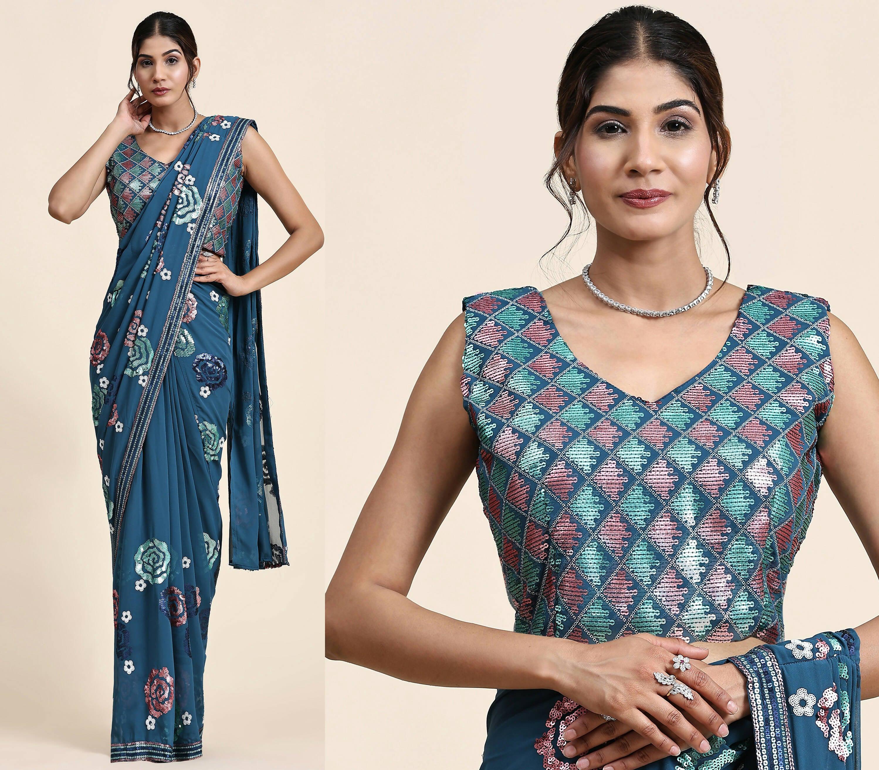 Blue Pure Georgette Sequence work Ready to wear Saree with stitched Blouse - Nirvana | Grocsy