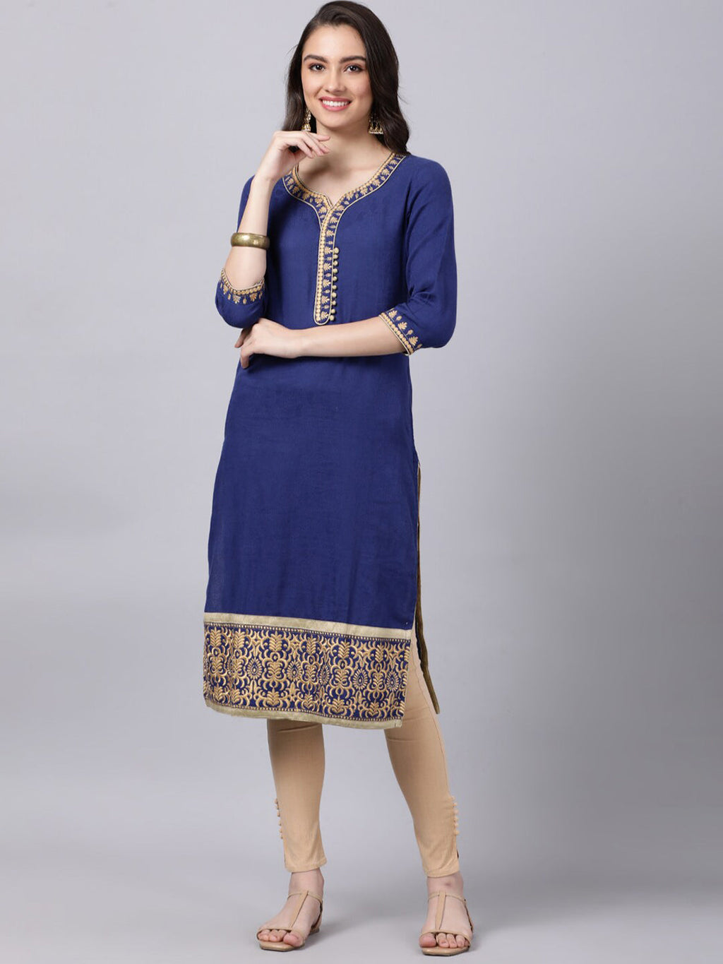 Souchii Women Blue Yoke Design Thread Work Grandeur & Majestic Artwork Kurta | Grocsy