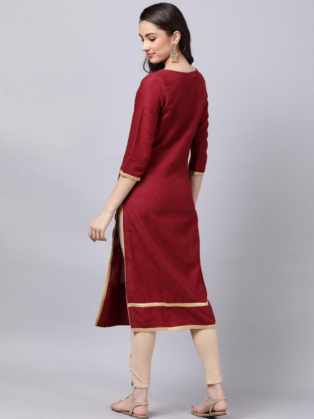 Souchii Maroon & Yellow Thread Work Grandeur & Majestic Artwork Cotton Kurta | Grocsy