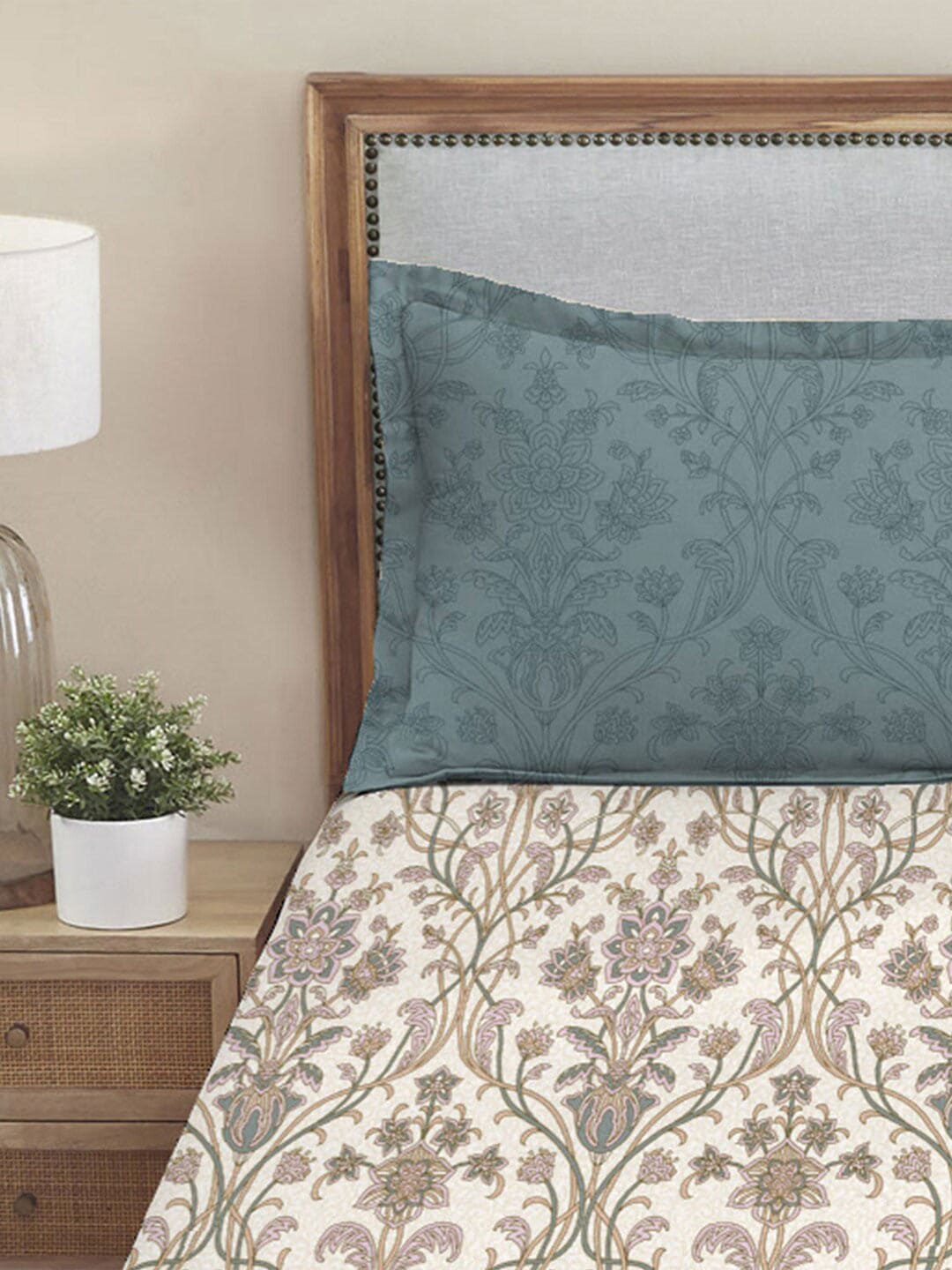 MYTRIDENT Dusk and Dawn Beige Printed Pure Cotton 144 TC Queen Bedsheet 2 Pillow Covers | Grocsy