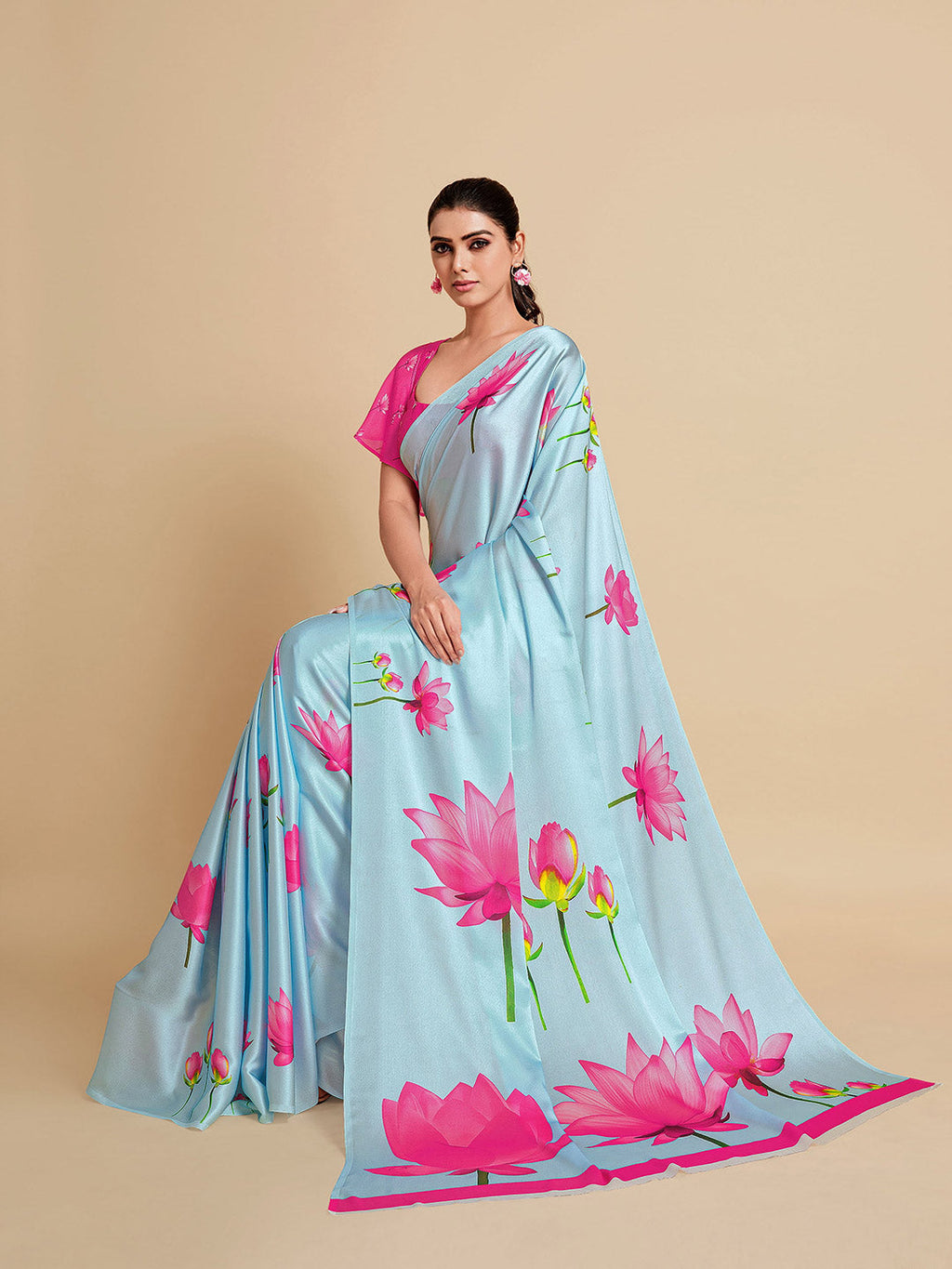 Sangria Turquoise Blue & Magenta Floral Zari Satin Saree | Grocsy