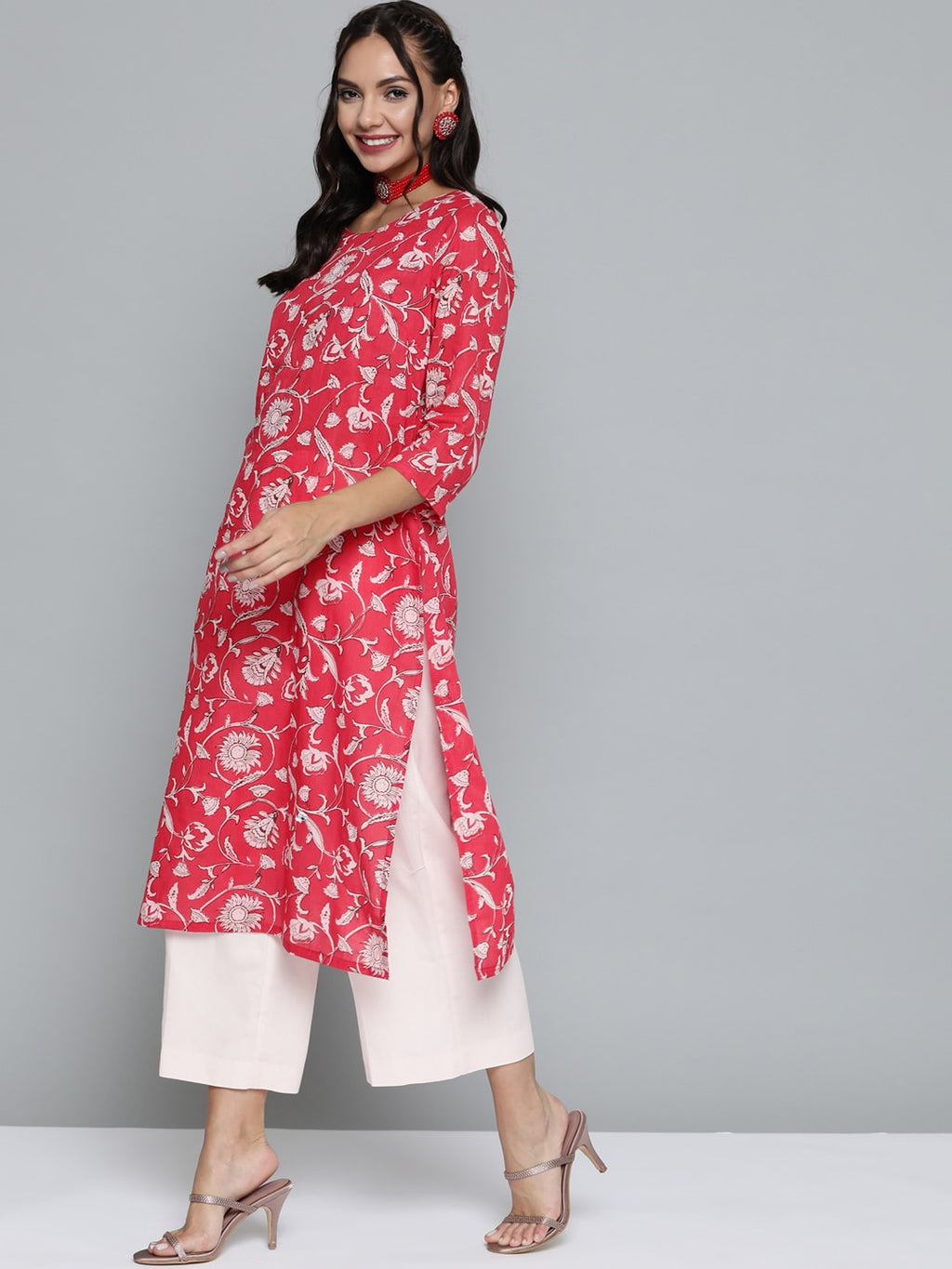 HERE&NOW Women Pink & Off White Pure Cotton Ethnic Motifs Printed Straight Kurta | Grocsy