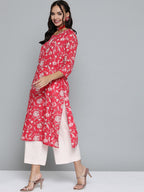 HERE&NOW Women Pink & Off White Pure Cotton Ethnic Motifs Printed Straight Kurta | Grocsy