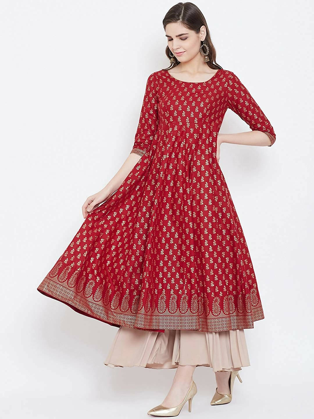 Cheera Embellished Daily Wear Cotton Blend Kurta - Red | Grocsy