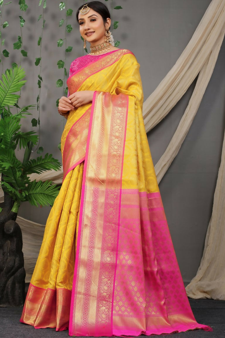 Jyoti Fashion Women's Yellow Kanjivaram Silk Zari Woven Saree with Blouse | Grocsy
