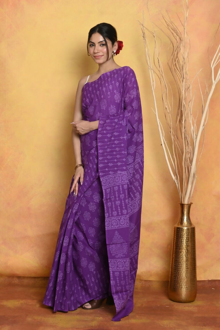 Very Much Indian Handblock Printed Cotton Saree With Natural Dyes - Purple | Grocsy