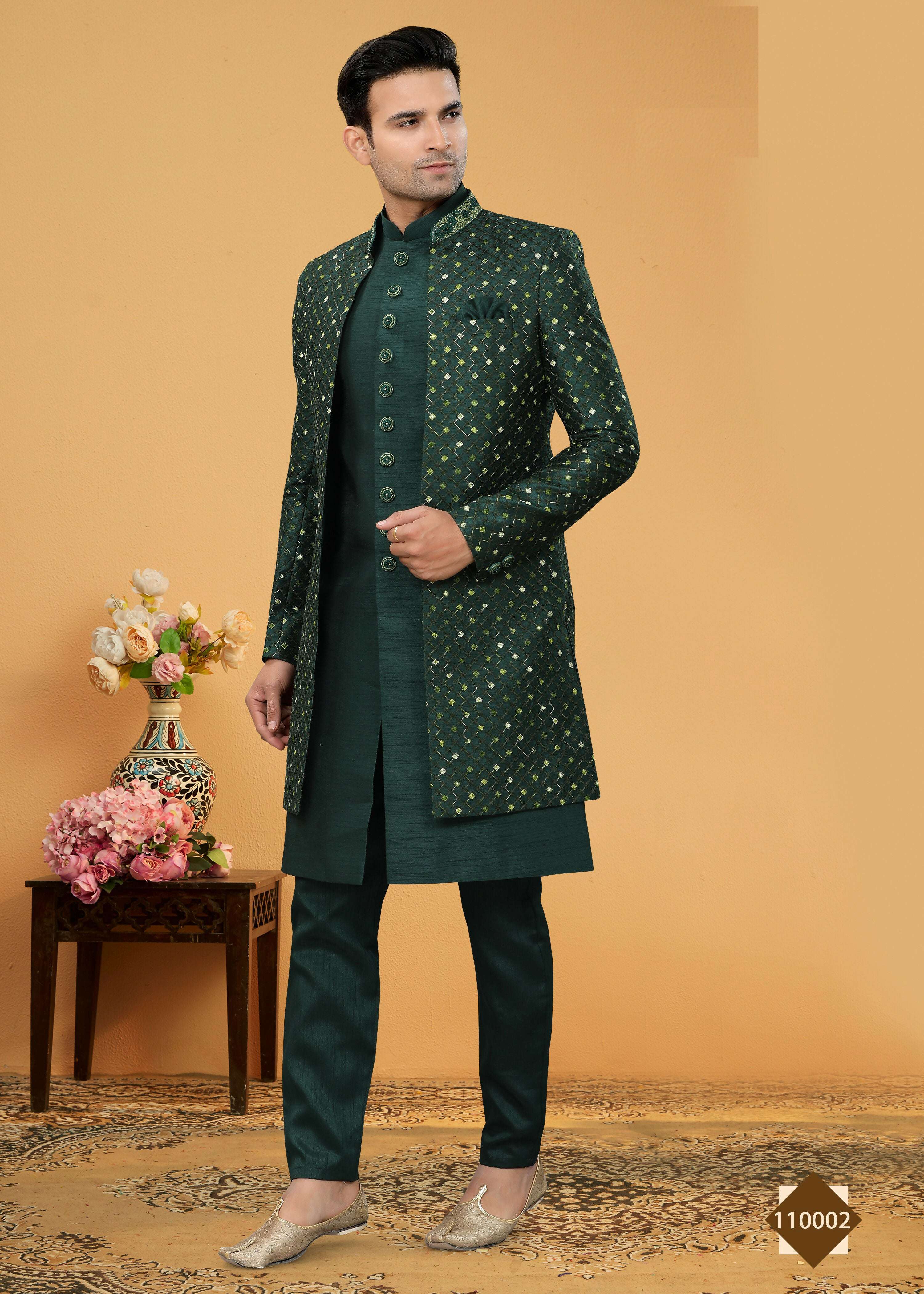 Joban Fashion Men's Green Art Silk Plain Kurta Pyjama set | Grocsy