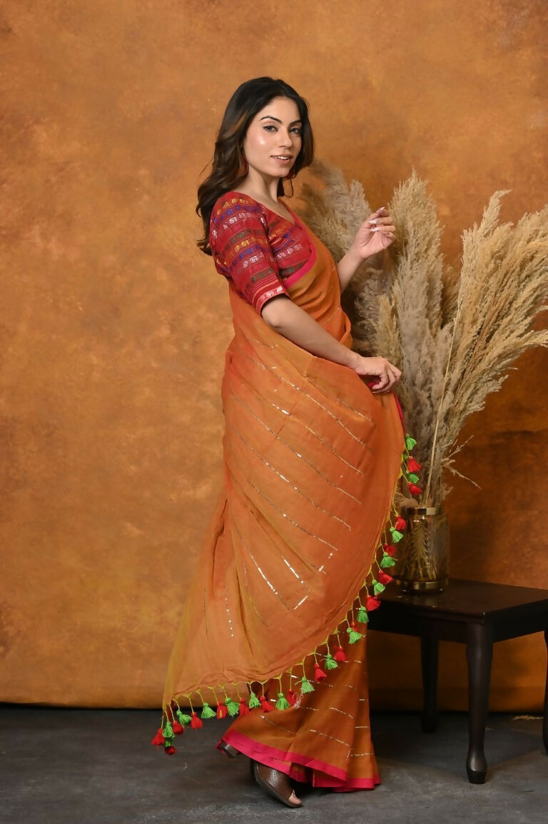 Very Much Indian Designer Mul Cotton Handloom Saree with Sequins - Orange | Grocsy
