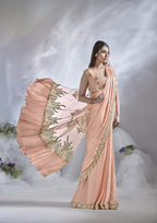 Peach Crepe Satin Silk Designer Ready to wear saree with stithced Blouse - Mohmanthan Aura | Grocsy