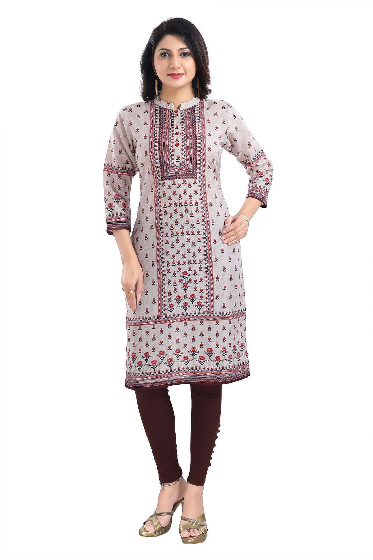 Snehal Creations Charming Cream Digital Print Cotton Slub Long Kurti Tunic | Grocsy