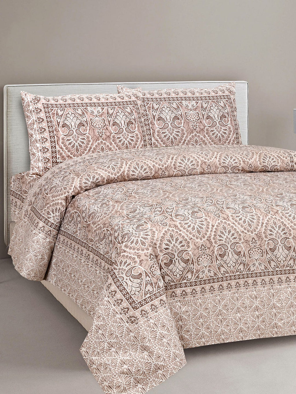 Lali Prints Brown & White Ethnic Motifs Cotton 180 TC King Bedsheet with 2 Pillow Covers | Grocsy