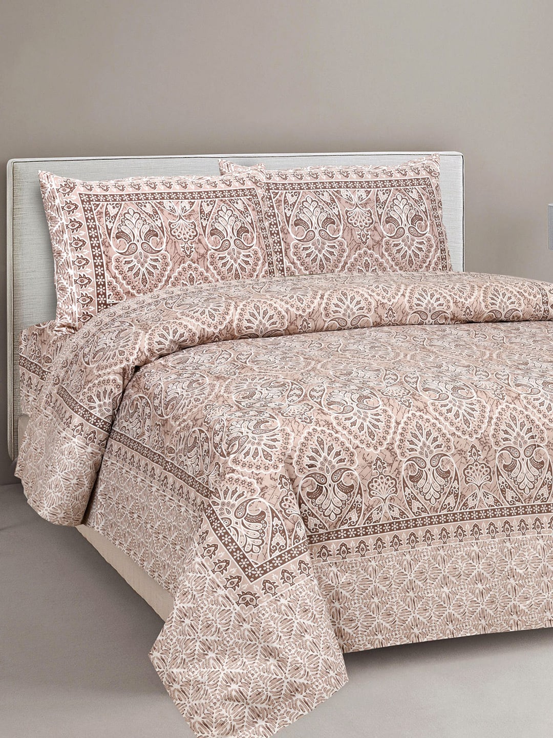 Lali Prints Brown & White Ethnic Motifs Cotton 180 TC King Bedsheet with 2 Pillow Covers | Grocsy