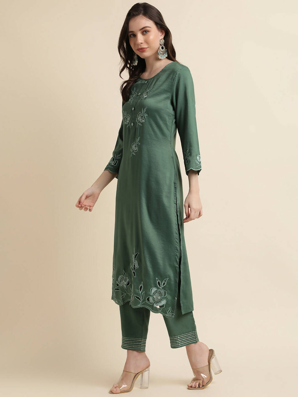 Green Chinon Silk Embroidered Straight Kurta with Trouser & Dupatta - Salimar | Grocsy