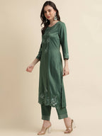 Green Chinon Silk Embroidered Straight Kurta with Trouser & Dupatta - Salimar | Grocsy