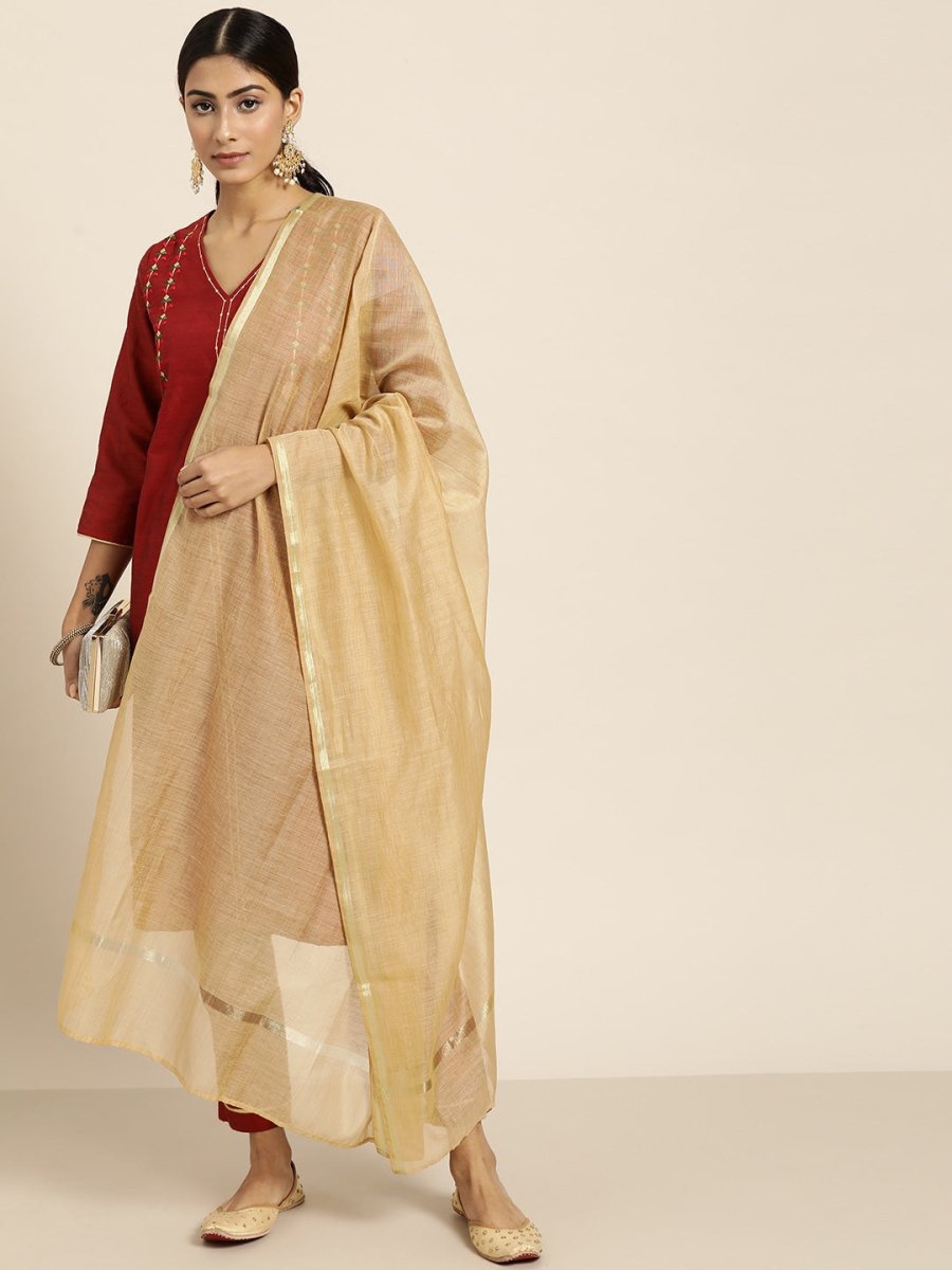 All About You Women Maroon & Golden Embroidered Regular Kurta with Trousers & Dupatta | Grocsy