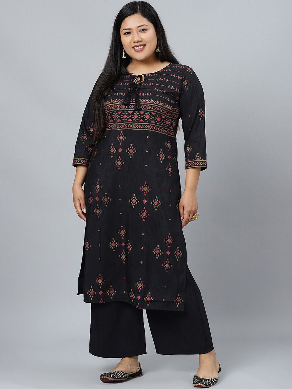Sztori Plus Size Black Printed Keyhole Neck Straight Kurta with Palazzos | Grocsy