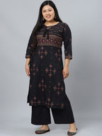 Sztori Plus Size Black Printed Keyhole Neck Straight Kurta with Palazzos | Grocsy