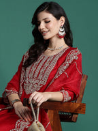 Indo Era Ethnic Motifs Embroidered Sequinned Liva Kurta With Trousers & Dupatta | Grocsy