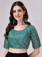 Tikhi Imli Teal Blue Embellished Sequinned Detailed Saree Blouse | Grocsy