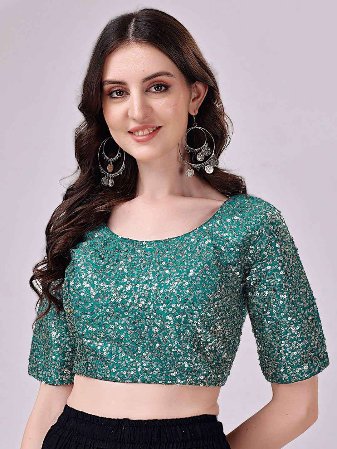 Tikhi Imli Teal Blue Embellished Sequinned Detailed Saree Blouse | Grocsy
