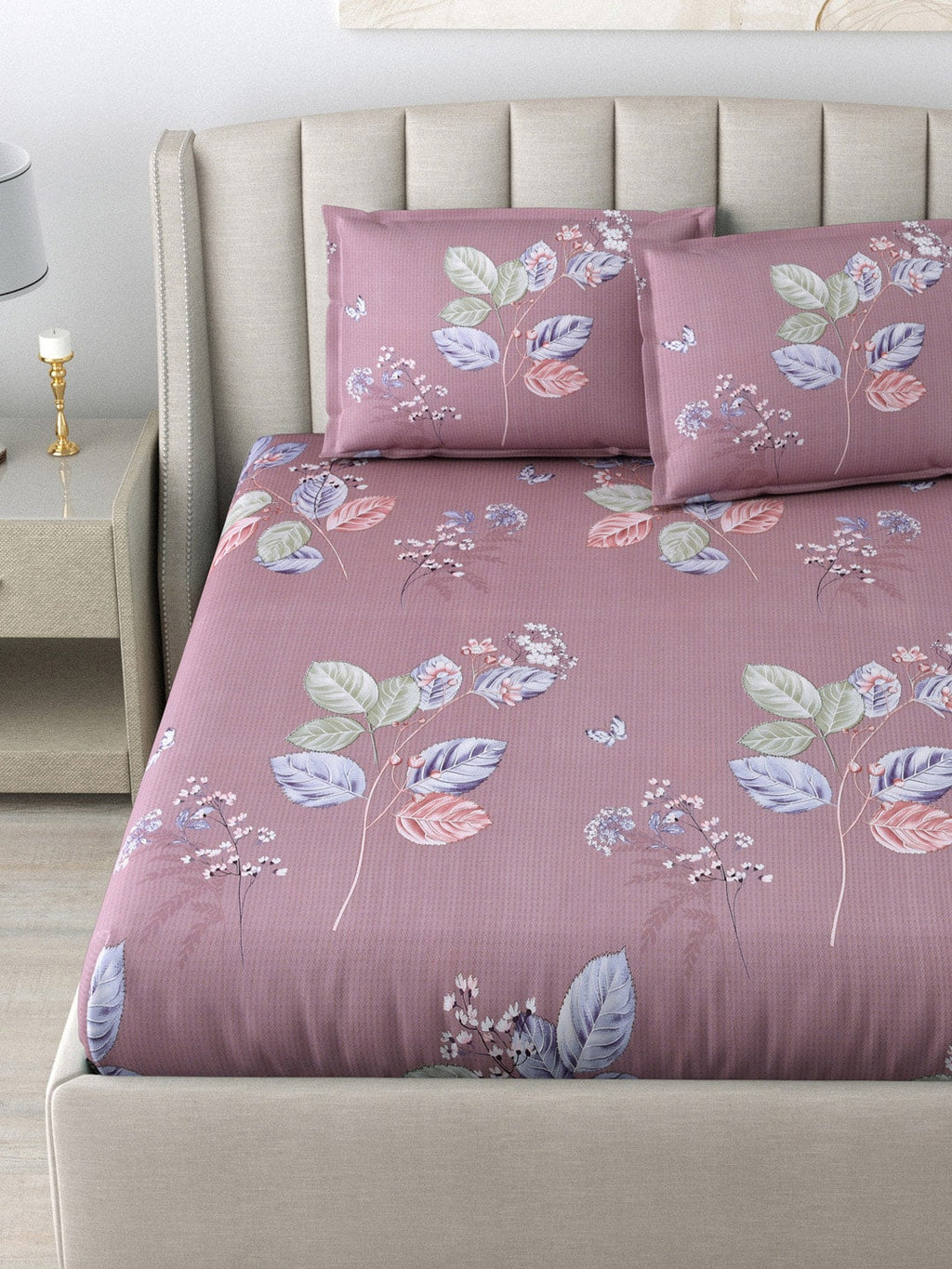 DREAM WEAVERZ 220 TC Pink & Blue Floral Glazed Cotton King Bedsheet with 2 Pillow Covers | Grocsy