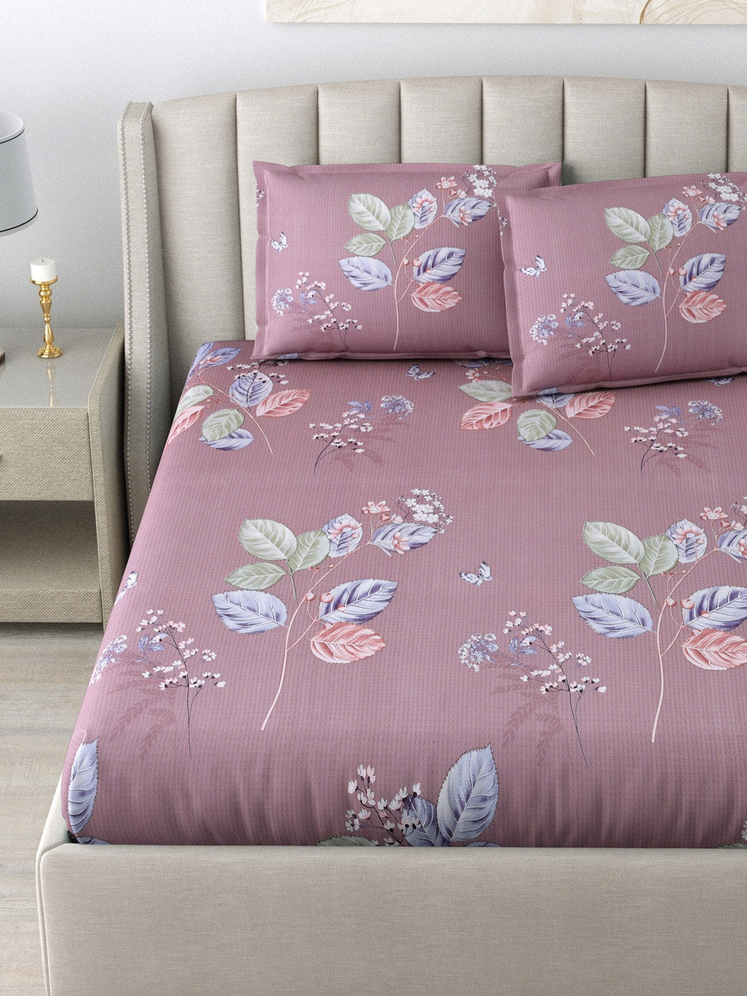 DREAM WEAVERZ 220 TC Pink & Blue Floral Glazed Cotton King Bedsheet with 2 Pillow Covers | Grocsy