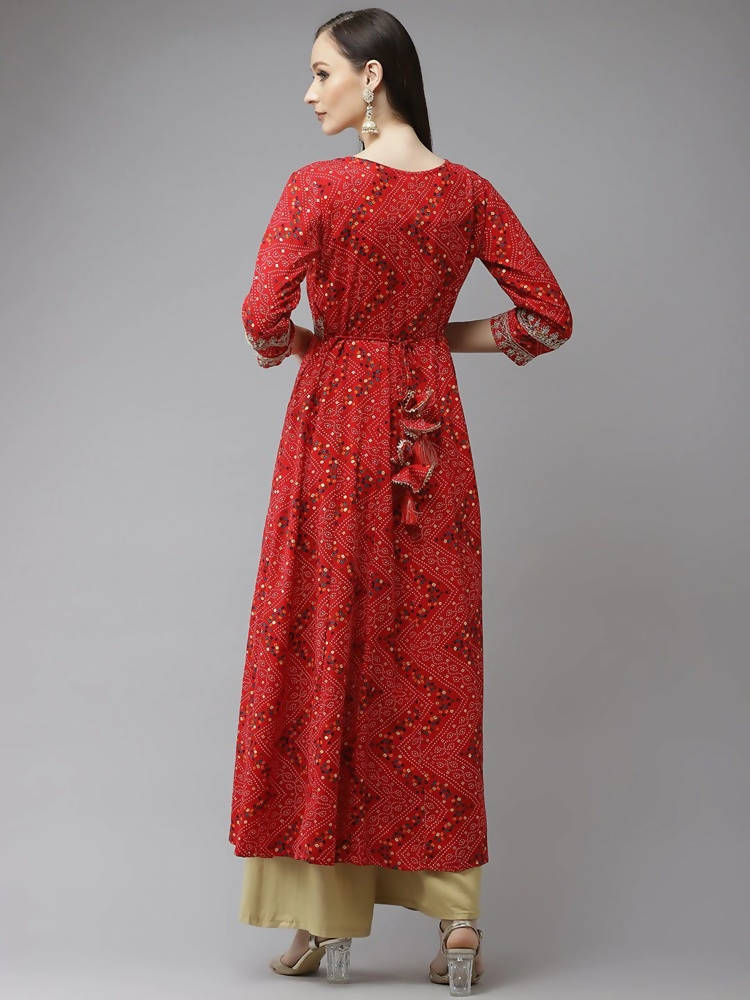 Yufta Women Red Bandhani Printed Kurta | Grocsy