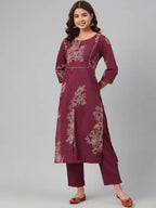 Sangria Women Floral Yoke Design Pure Cotton Kurta with Trousers | Grocsy