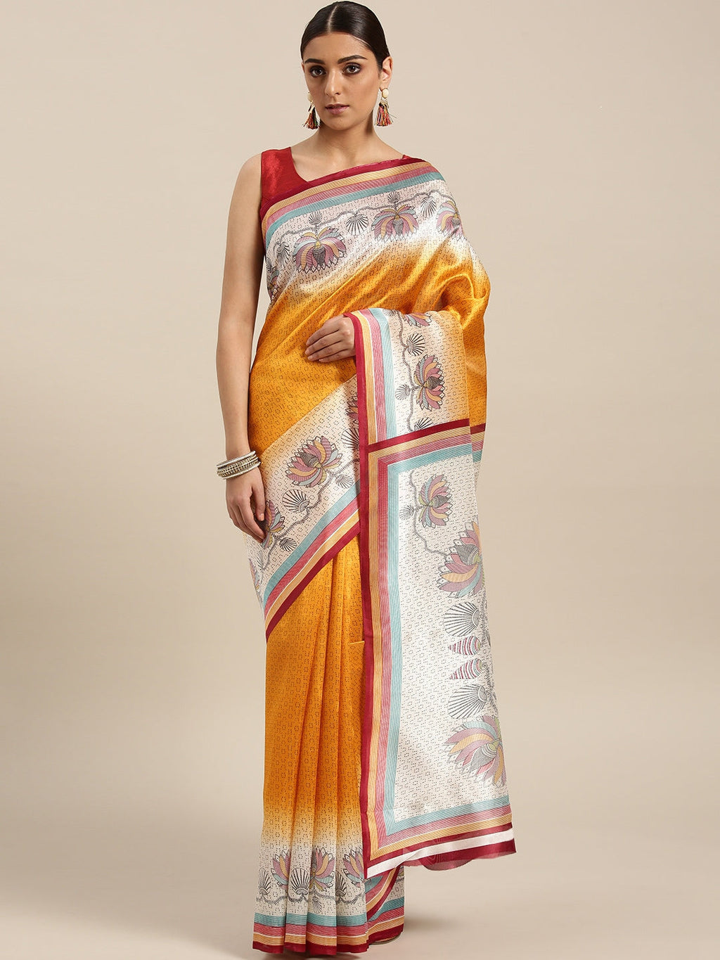 Saree Mall Mustard Yellow Printed Bhagalpuri Saree | Grocsy