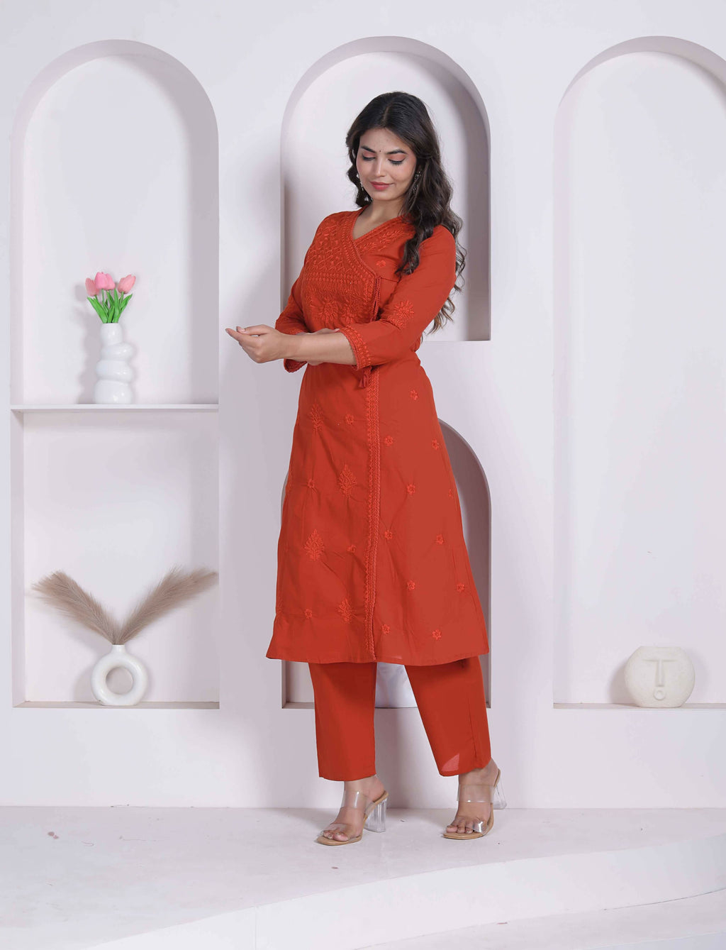Miravan Womens Rust Floral Printed Angrakha Style Kurta With Palazzo | Grocsy