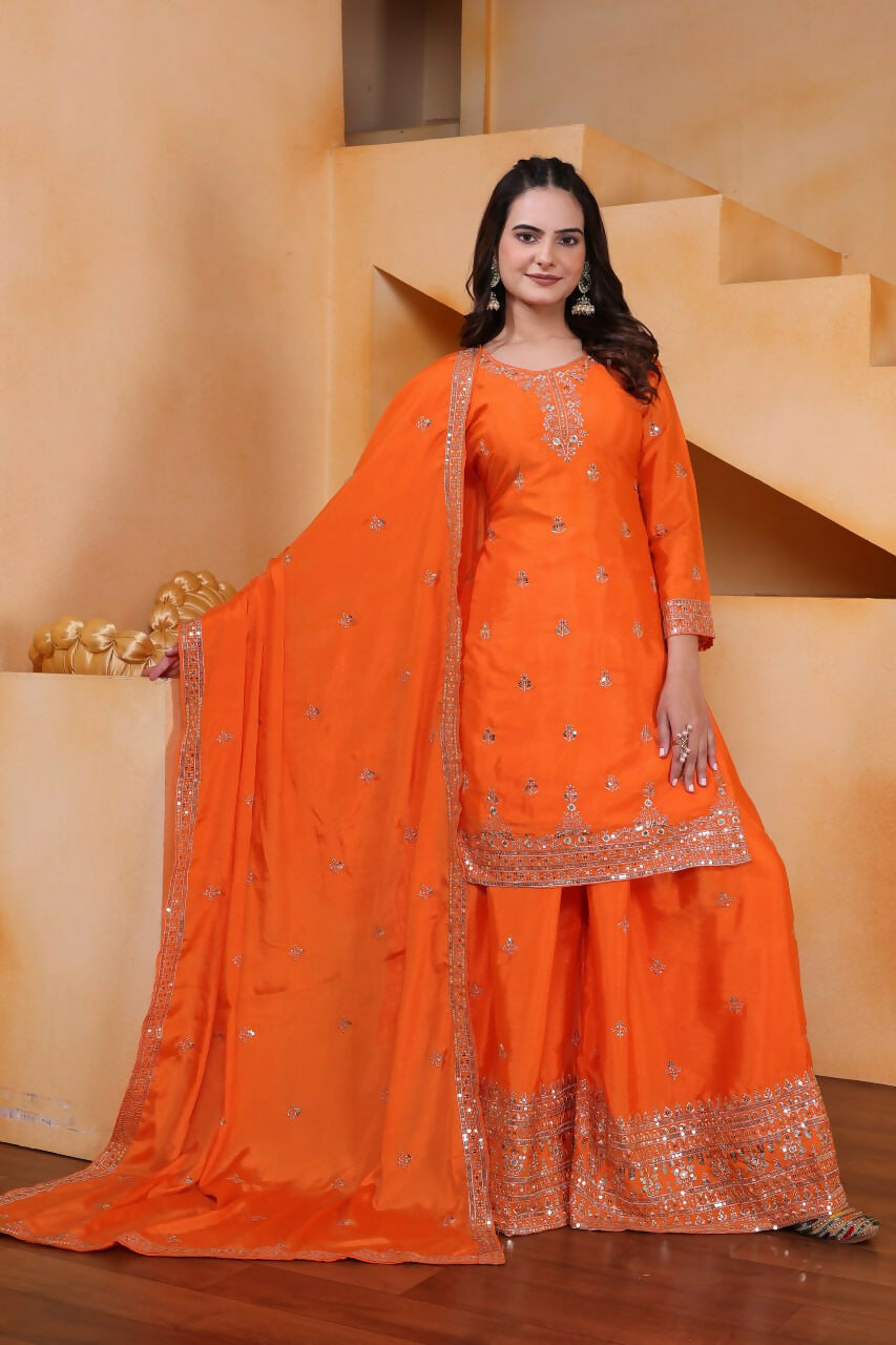 Teeya Creation Orange Color Chinon Silk Wedding Wear Trending Palazzo Set | Grocsy