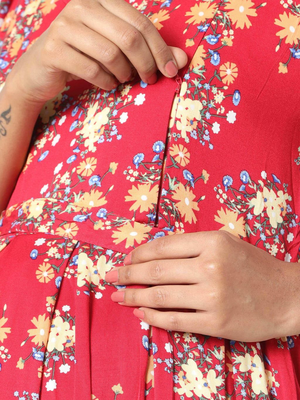Manet Three Fourth Maternity Dress Floral Print With Concealed Zipper Nursing Access - Red | Grocsy
