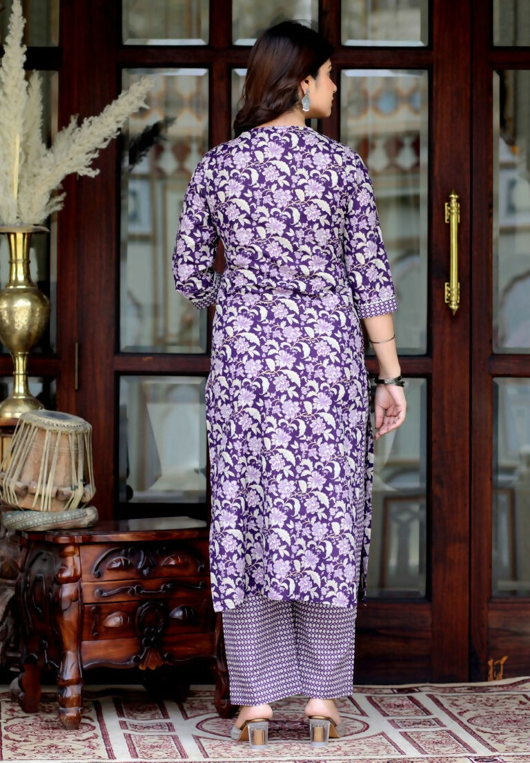 Miravan Women's Floral Block Printed Purple Angrakha Kurta With Floral Palazzo | Grocsy