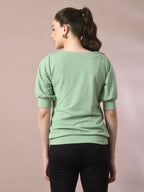 Myshka Women's Sea Green Solid Boat Neck Party Top | Grocsy