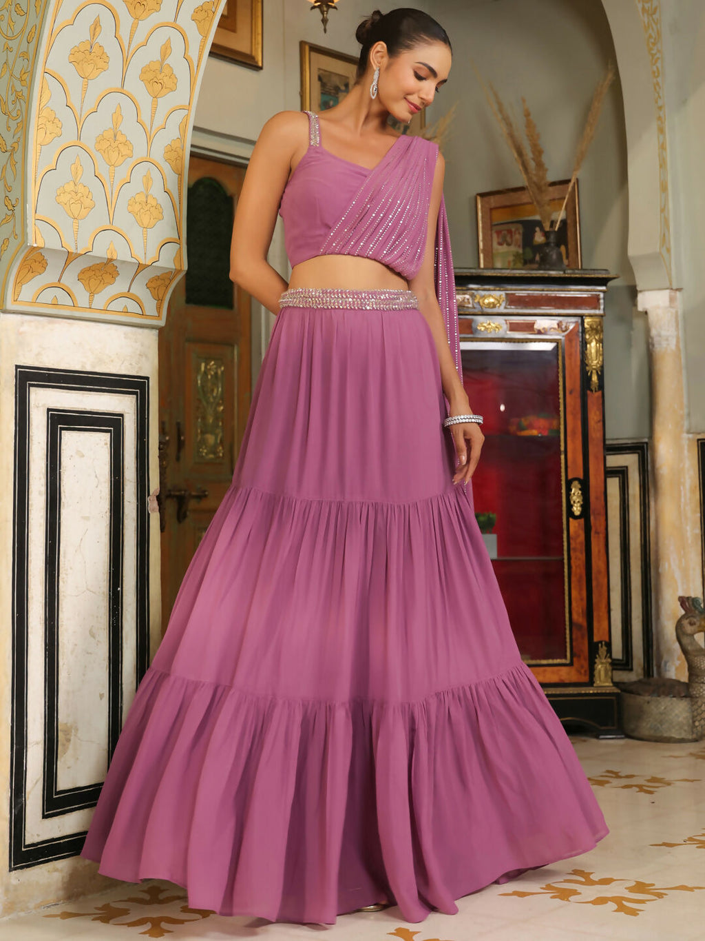 Janasya Lavender Georgette Foil Print Lehenga Choli | Grocsy