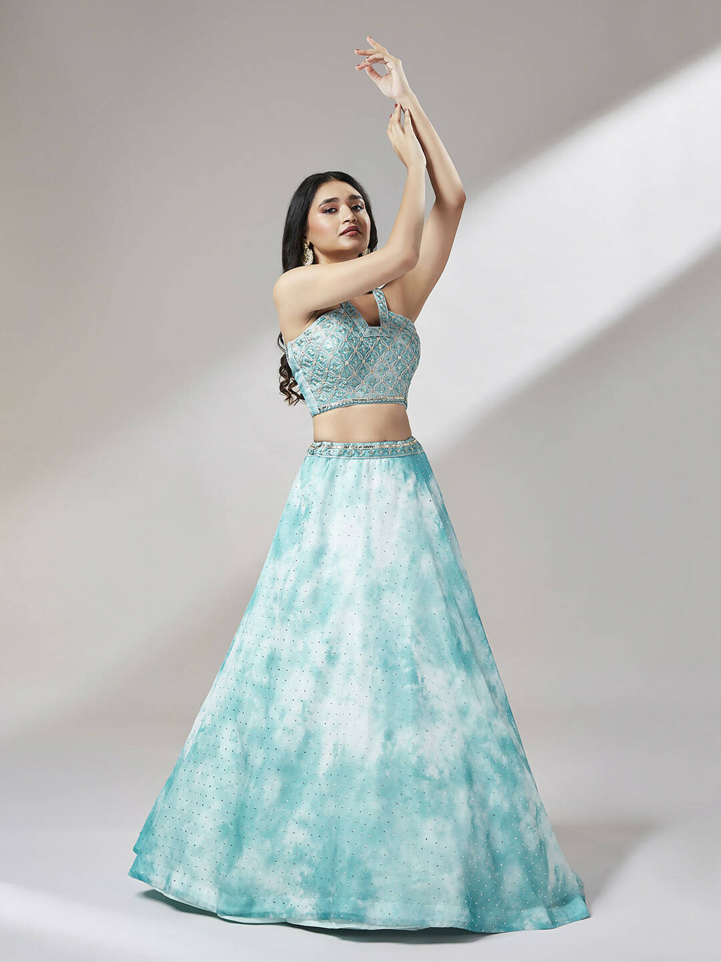 House of Panchhi Turquoise Blue Organza Floral Printed Lehenga choli & Dupatta | Grocsy