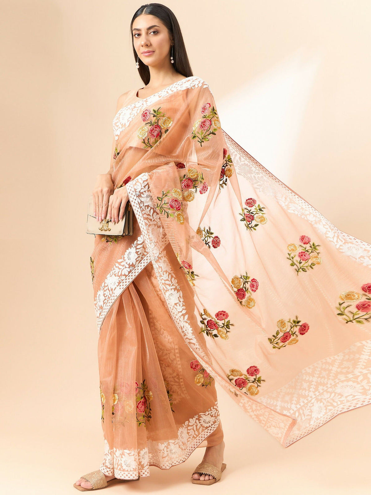 Peach Organza Floral Embroidered Saree with Unstitched Blouse Piece - Roozal | Grocsy