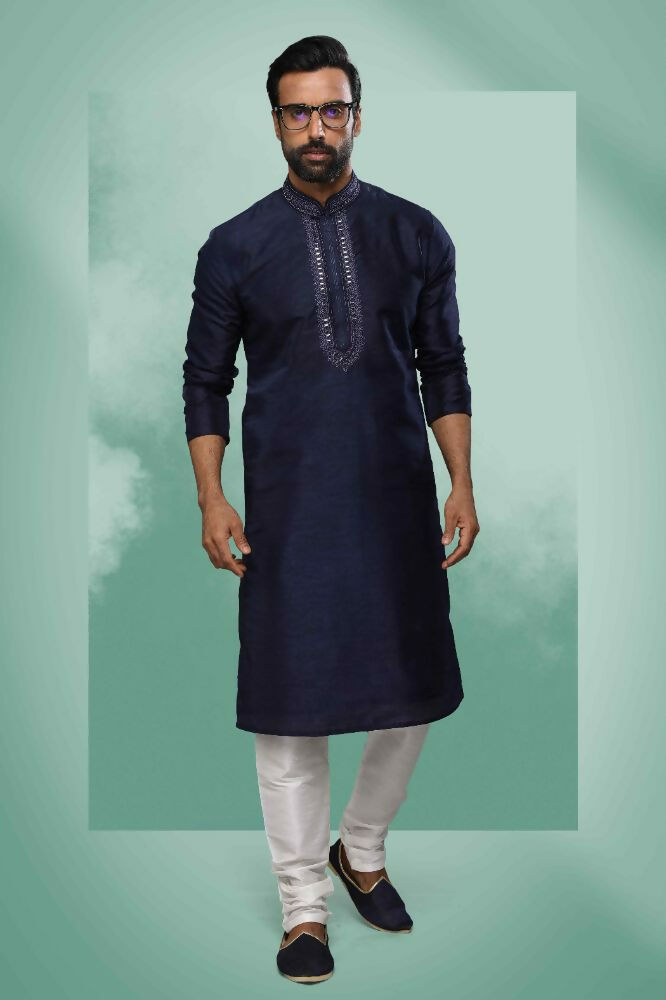Raivat Ethnic Art Silk Mirror Embroidery Work Kurta Pajama In Blue Colour | Grocsy