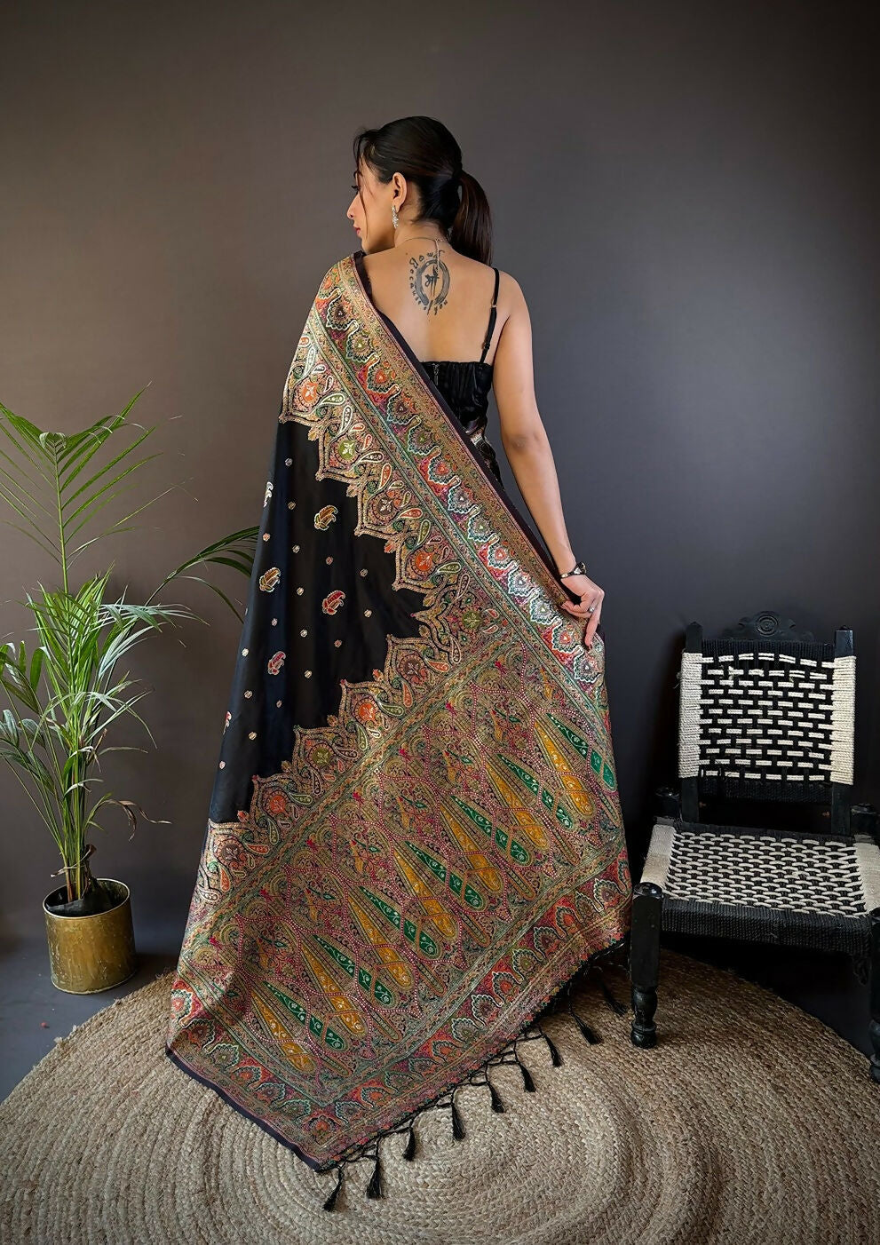 Joban Fashion Black Meena Weaves Pashmina Sarees | Grocsy